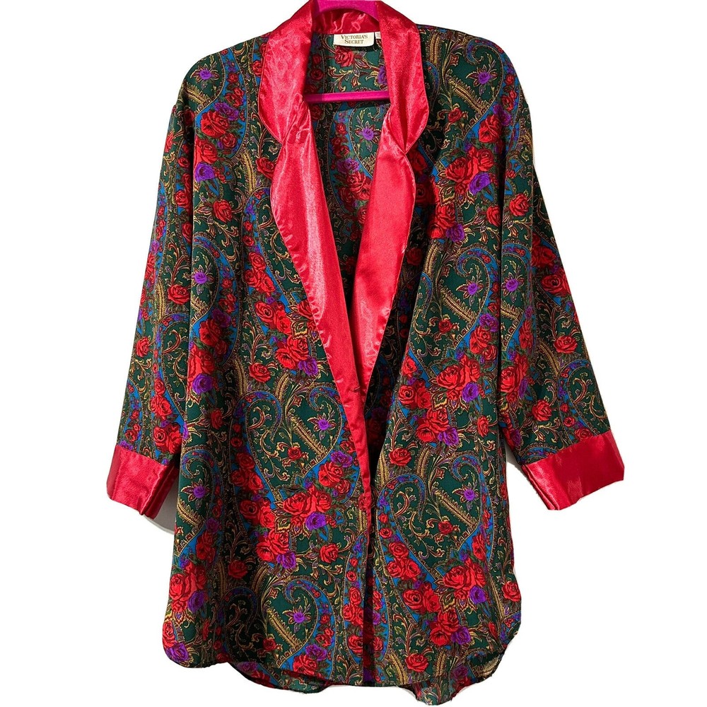 Victoria's Secret Gold Label Robe Satin Floral Paisley Sz S Double Breasted Vtg